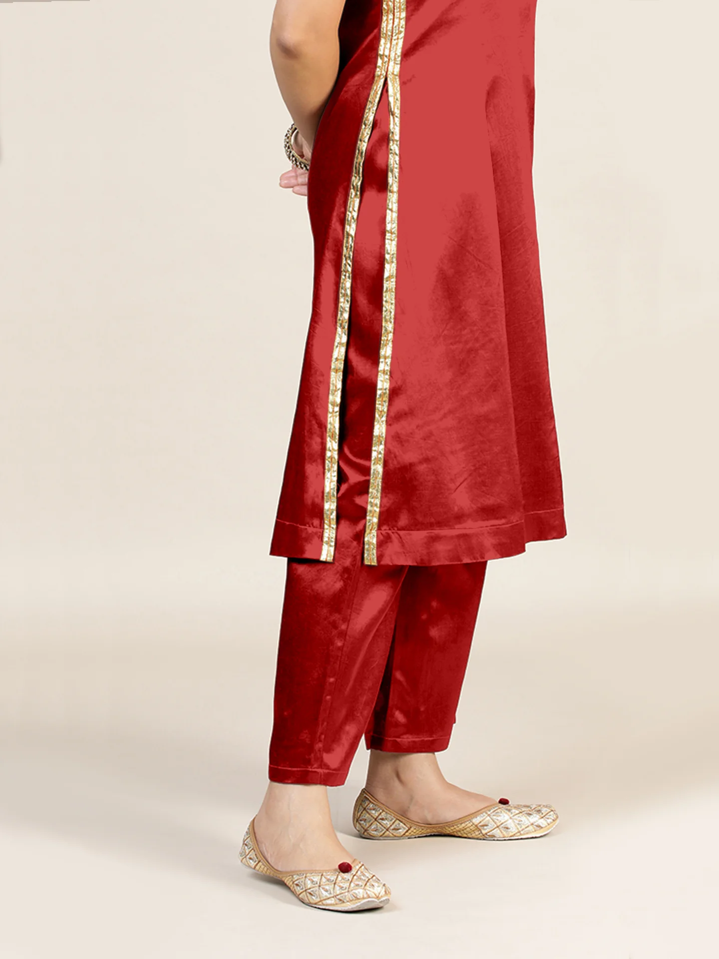 Gulnaaz x Tyohaar | Ruby Red Mashru Silk Panelled Kurta with Crushed Golden Gota Detailing | Coords or Only Kurta - Image 5