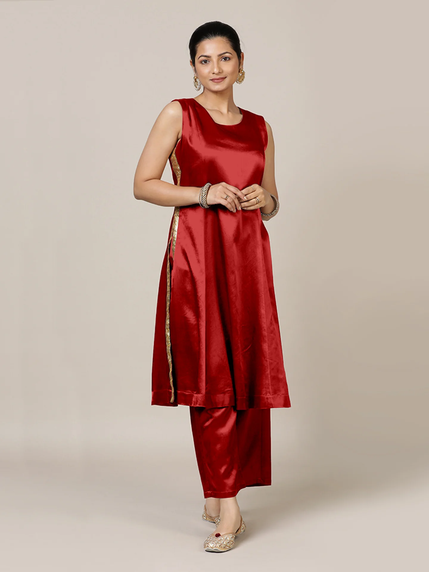 Gulnaaz x Tyohaar | Ruby Red Mashru Silk Panelled Kurta with Crushed Golden Gota Detailing | Coords or Only Kurta - Image 6