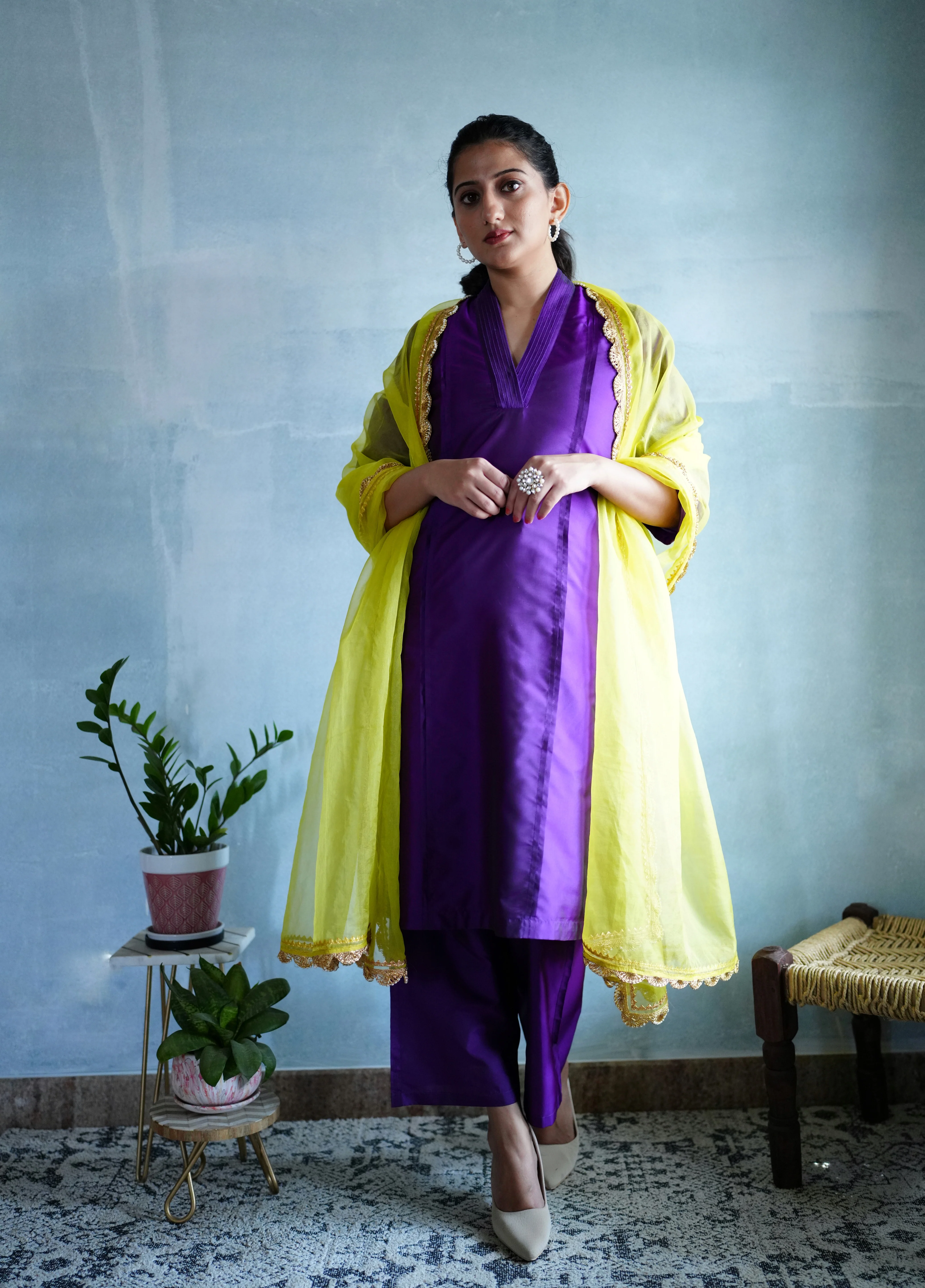 Barkha x Tyohaar | Purple A-Line Art Silk V Neck Kurta with Detailing | Coords or Only Kurta - Image 6