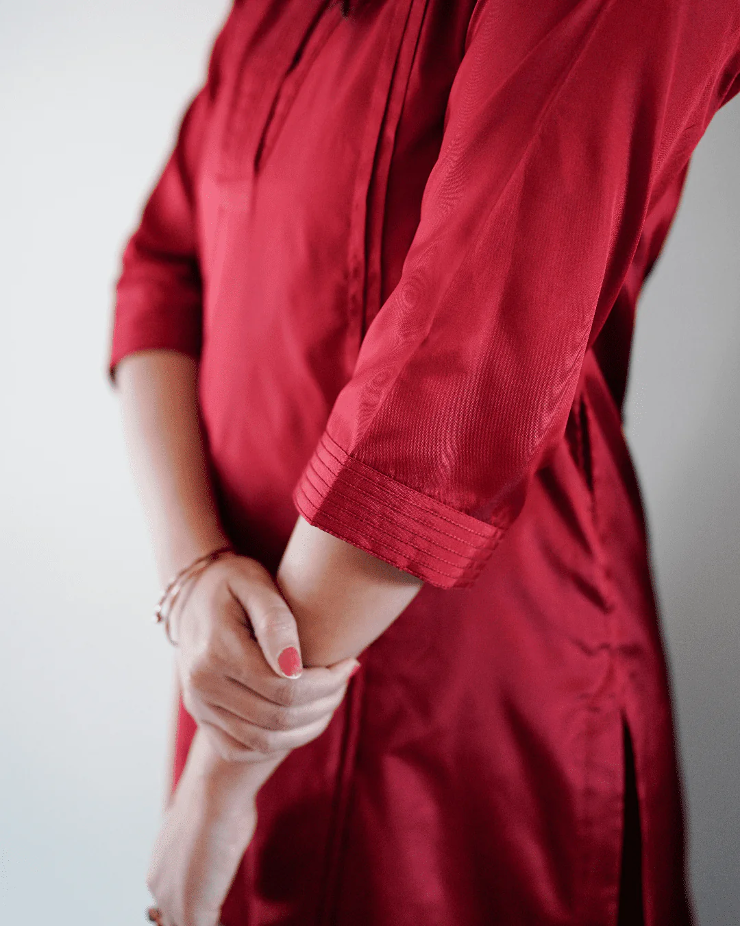 Barkha x Tyohaar | Red A-Line Art Silk V Neck Kurta with Detailing | Coords or Only Kurta - Image 7