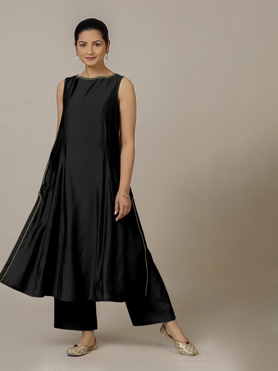 Sarah x Rozaana | A Line Kurta in Raven Black with Thread Work | Coords or Only Kurta - Image 2