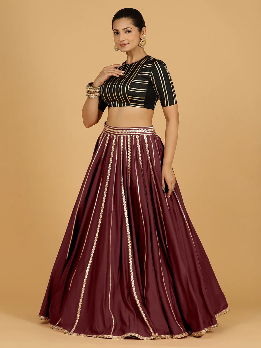 Madhuri x Tyohaar | Deep Maroon Panelled Lehenga Skirt - Image 10