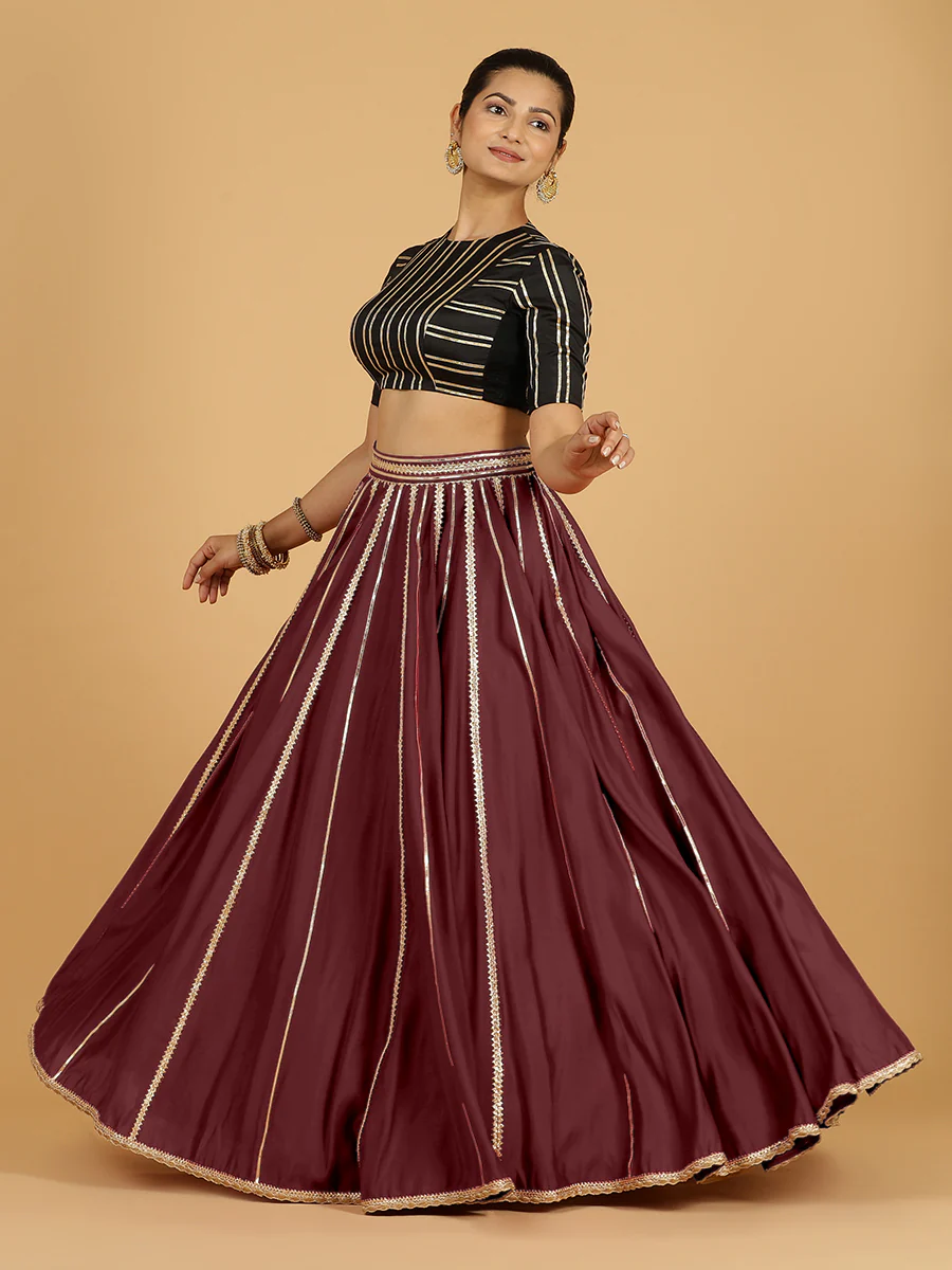 Madhuri x Tyohaar | Deep Maroon Panelled Lehenga Skirt - Image 11