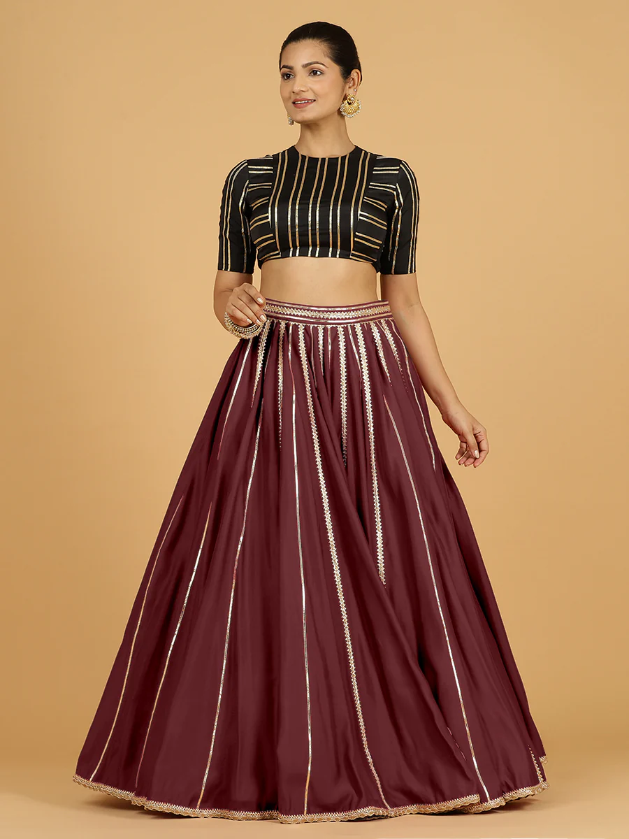 Madhuri x Tyohaar | Deep Maroon Panelled Lehenga Skirt - Image 6