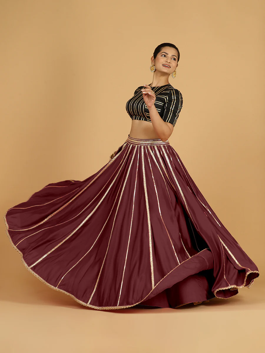 Madhuri x Tyohaar | Deep Maroon Panelled Lehenga Skirt - Image 9