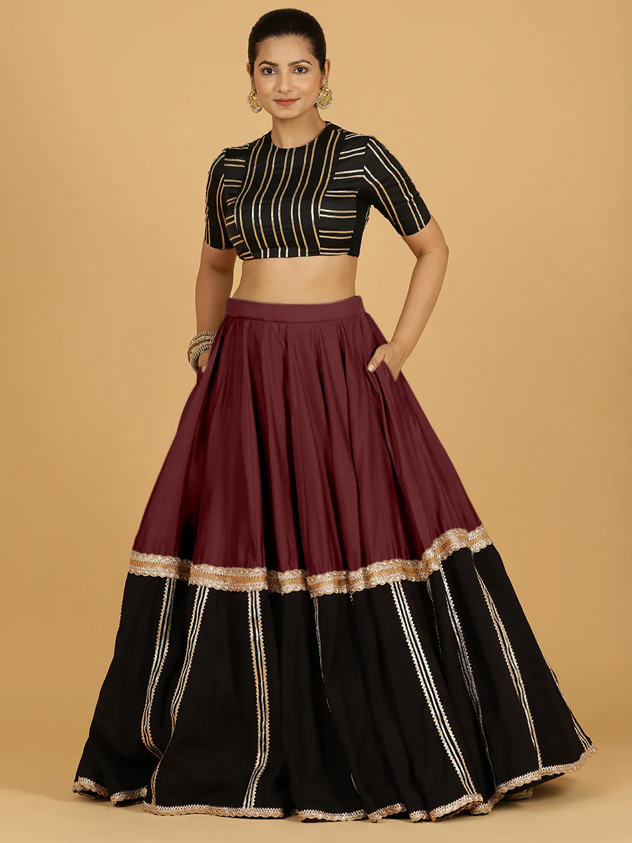 Mastani x Tyohaar | Deep Maroon Panelled Lehenga Skirt - Image 3