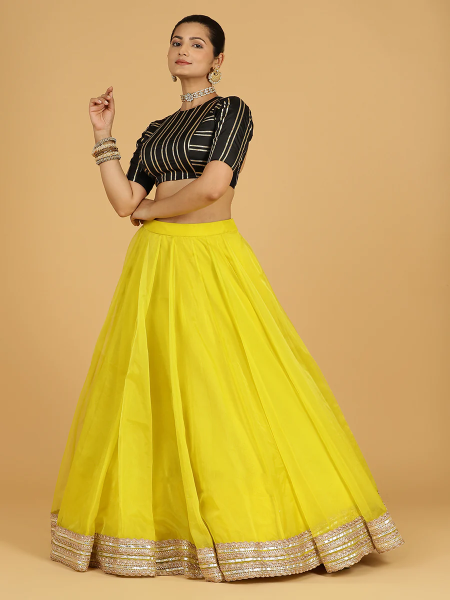 Farah x Tyohaar | Lemon Yellow Panelled Organza Lehenga Skirt