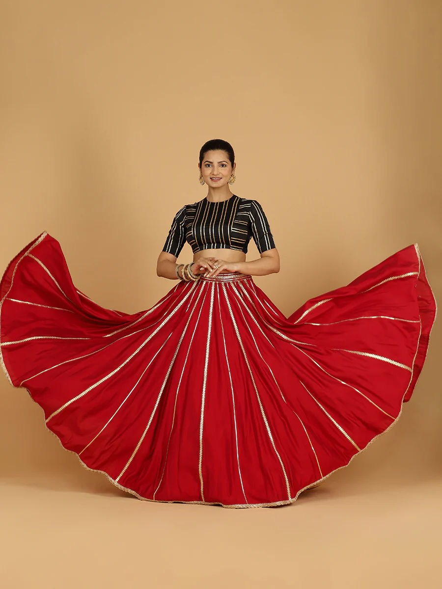 Madhuri x Tyohaar | Scarlet Red Panelled Lehenga Skirt - Image 6