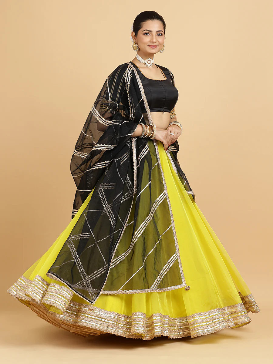 Farah Aziza 4-Pc Lehenga Set x Tyohaar | Lemon Yellow Lehenga, Charcoal Black Blouse with Chandni Black Dupatta and Cancan Skirt - Image 10