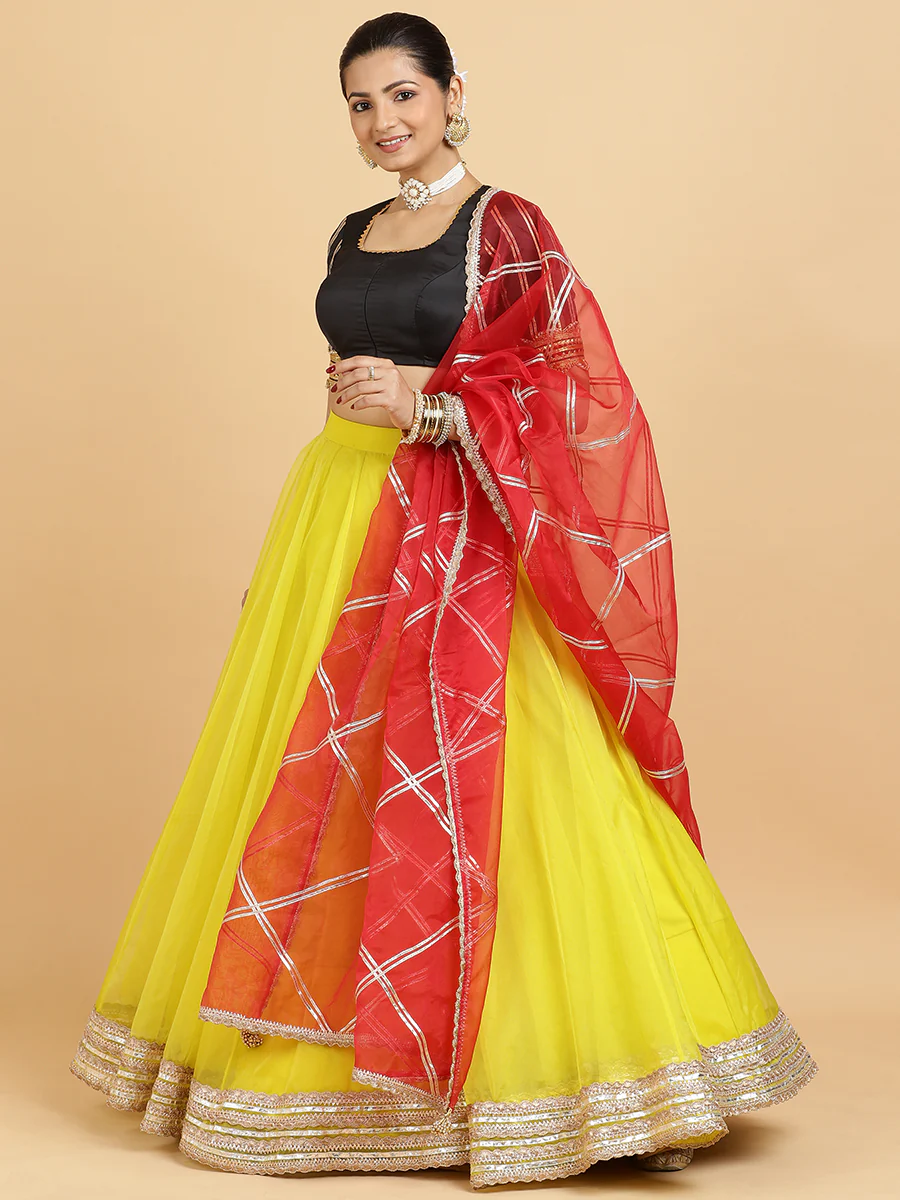 Farah Aziza 4-Pc Lehenga Set x Tyohaar | Lemon Yellow Lehenga, Charcoal Black Blouse with Leela Red Dupatta and Cancan Skirt - Image 10
