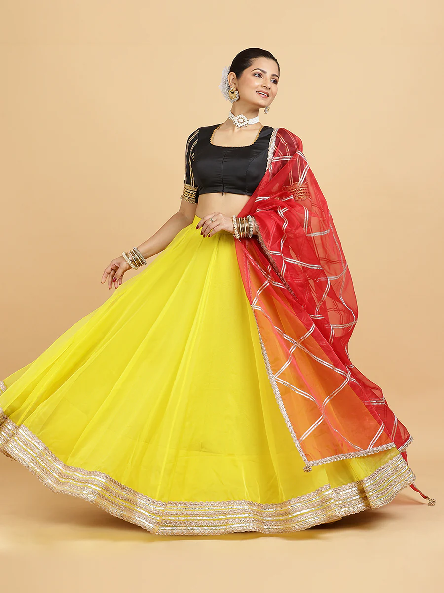 Farah Aziza 4-Pc Lehenga Set x Tyohaar | Lemon Yellow Lehenga, Charcoal Black Blouse with Leela Red Dupatta and Cancan Skirt - Image 14