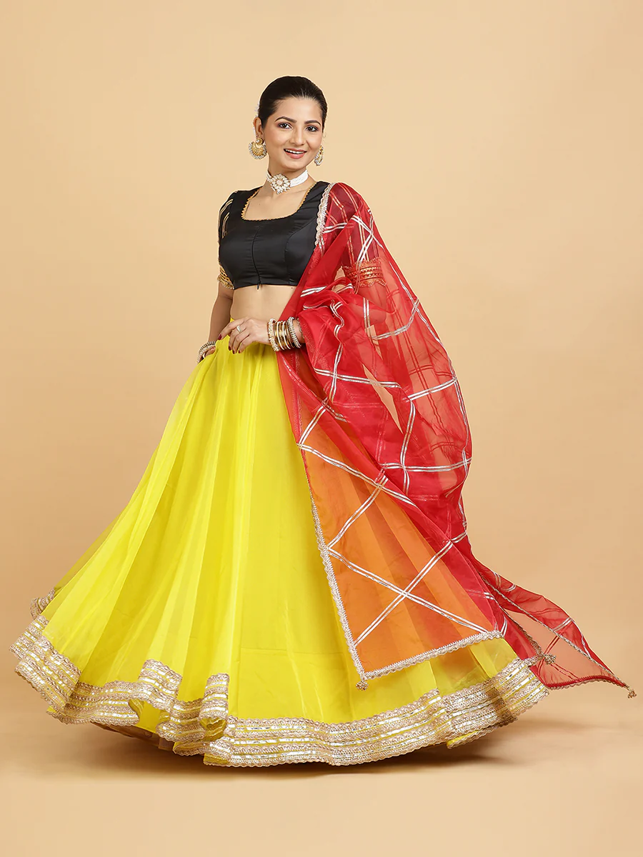 Farah Aziza 4-Pc Lehenga Set x Tyohaar | Lemon Yellow Lehenga, Charcoal Black Blouse with Leela Red Dupatta and Cancan Skirt - Image 15