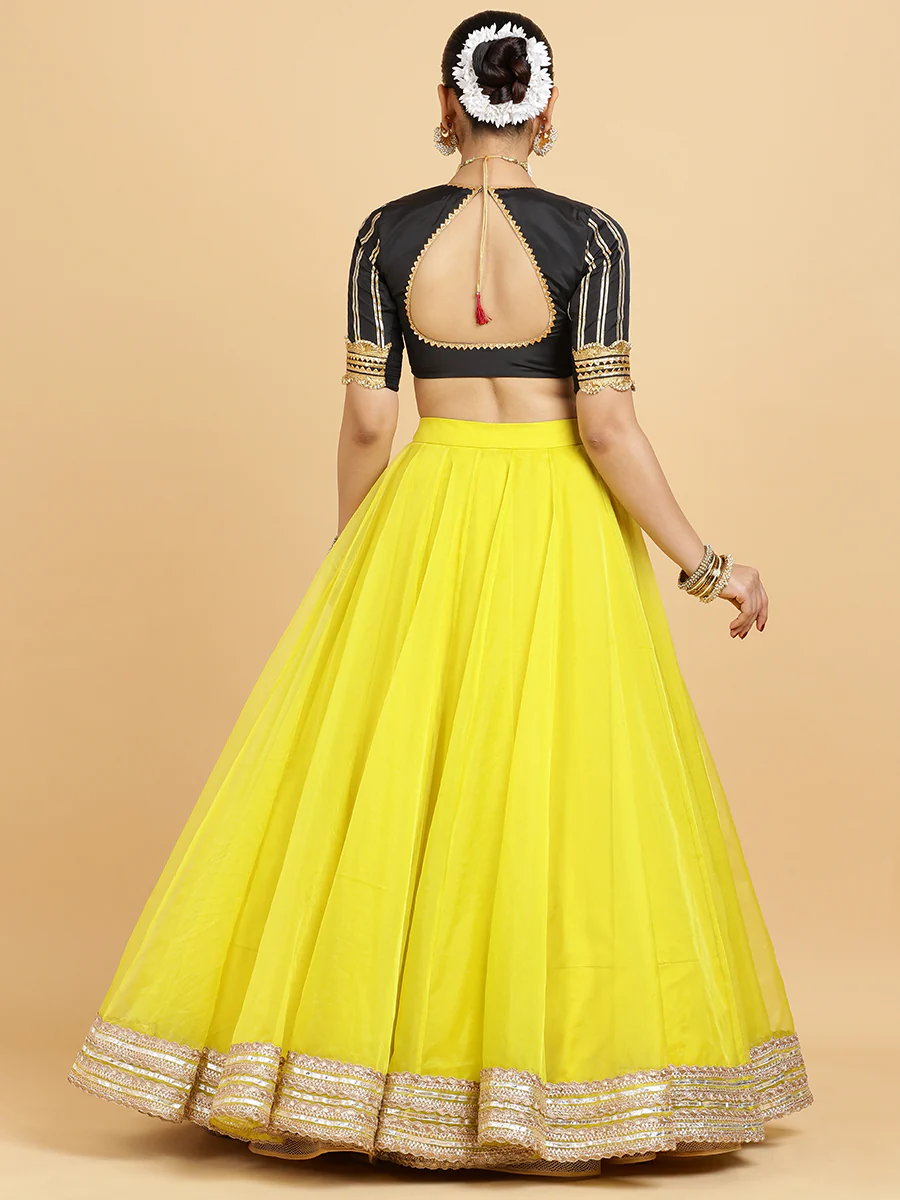Farah Aziza 4-Pc Lehenga Set x Tyohaar | Lemon Yellow Lehenga, Charcoal Black Blouse with Leela Red Dupatta and Cancan Skirt - Image 2