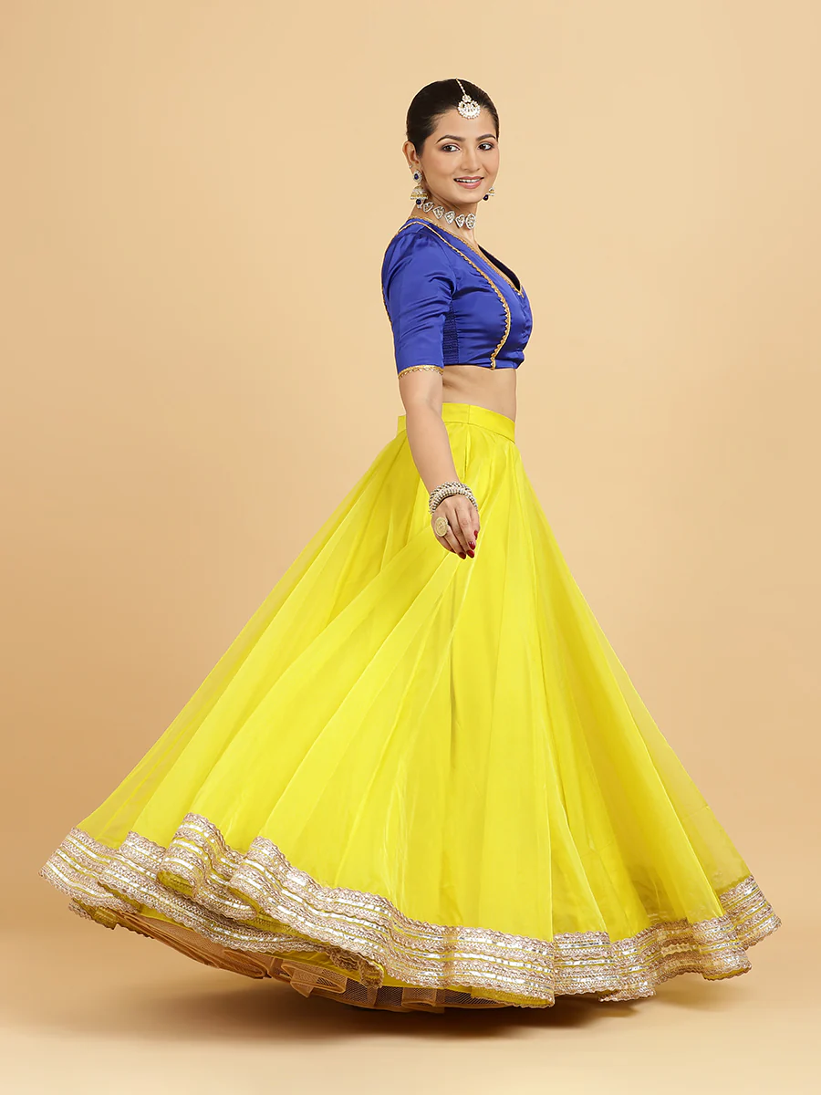 Farah Begum 4-Pc Lehenga Set x Tyohaar | Lemon Yellow Lehenga, Cobalt Blue Blouse with Saher Lemon Yellow Dupatta and Cancan Skirt - Image 11