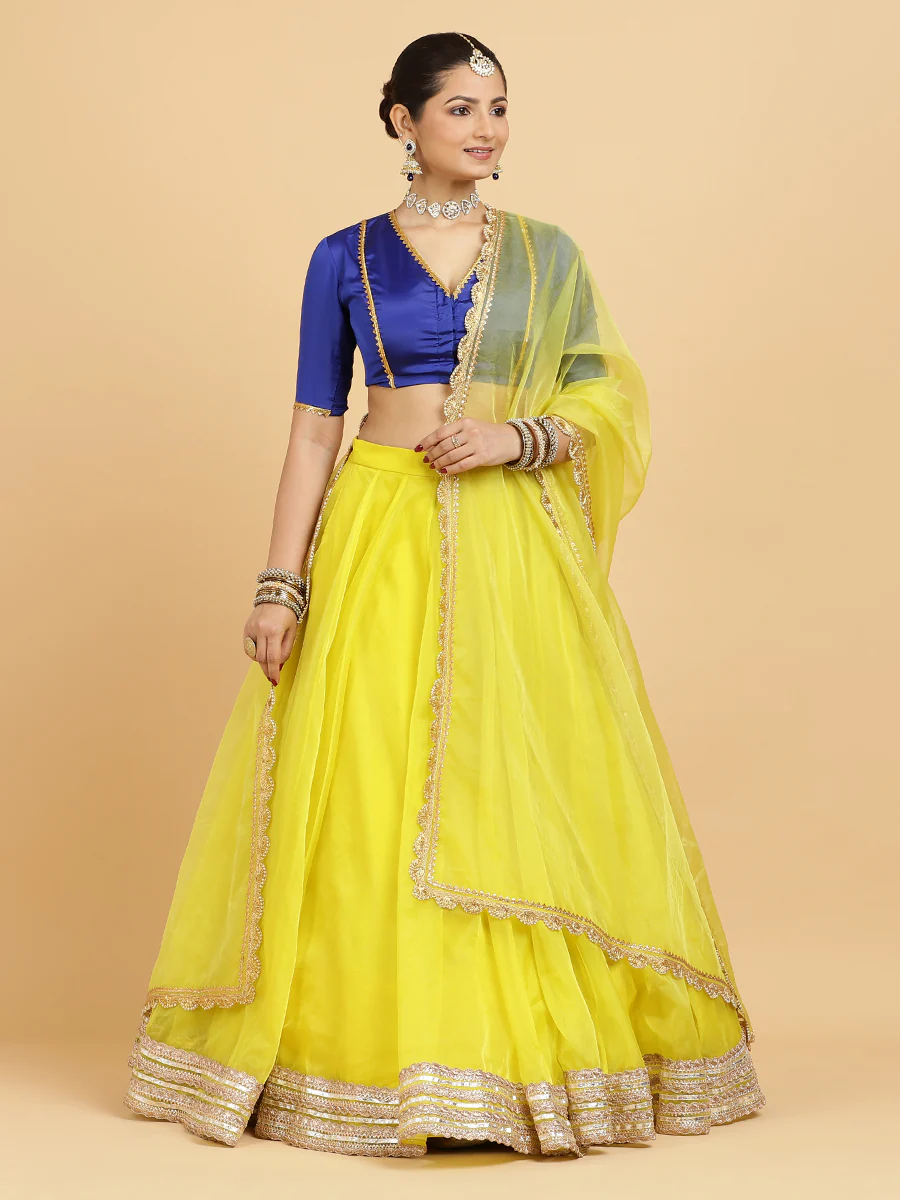 Farah Begum 4-Pc Lehenga Set x Tyohaar | Lemon Yellow Lehenga, Cobalt Blue Blouse with Saher Lemon Yellow Dupatta and Cancan Skirt - Image 5