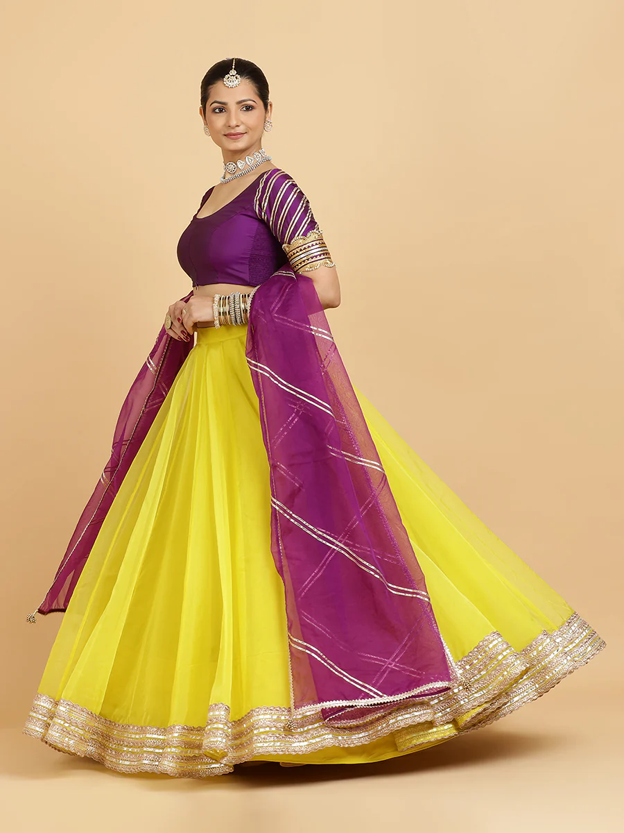 Farah Anisha 4-Pc Lehenga Set x Tyohaar | Lemon Yellow Lehenga, Purple Blouse with Falak Purple Dupatta and Cancan Skirt - Image 10