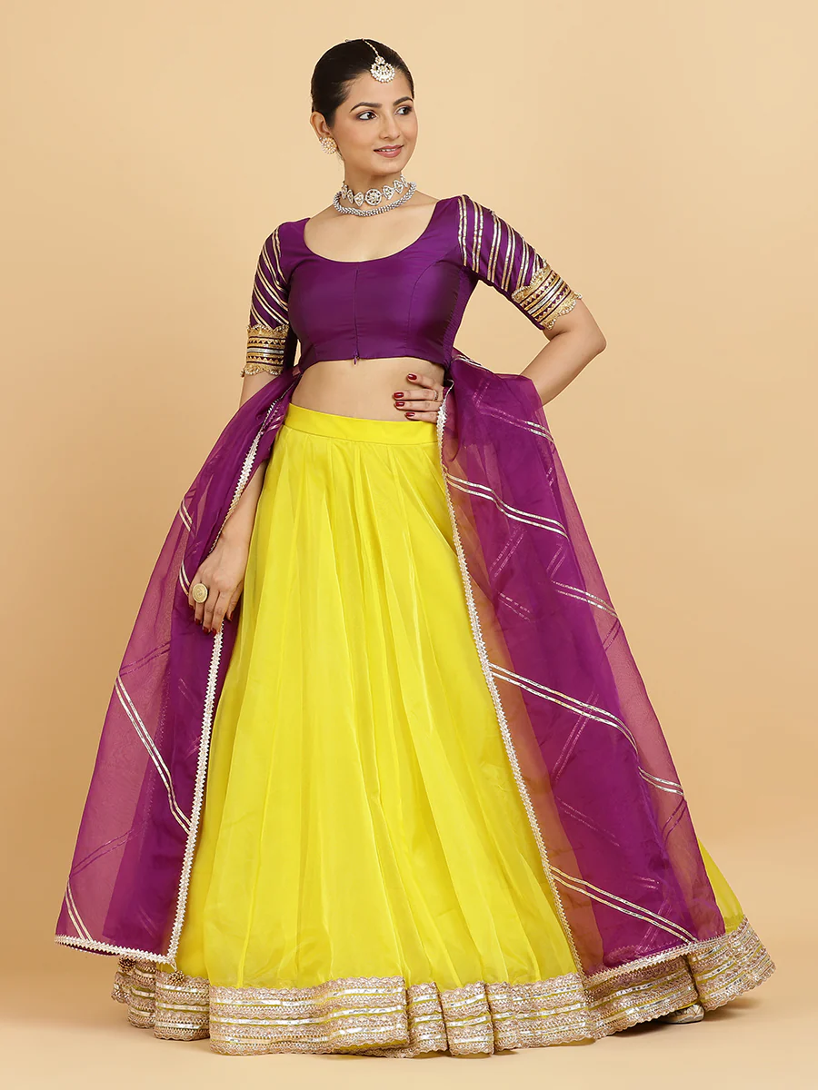 Farah Anisha 4-Pc Lehenga Set x Tyohaar | Lemon Yellow Lehenga, Purple Blouse with Falak Purple Dupatta and Cancan Skirt - Image 4