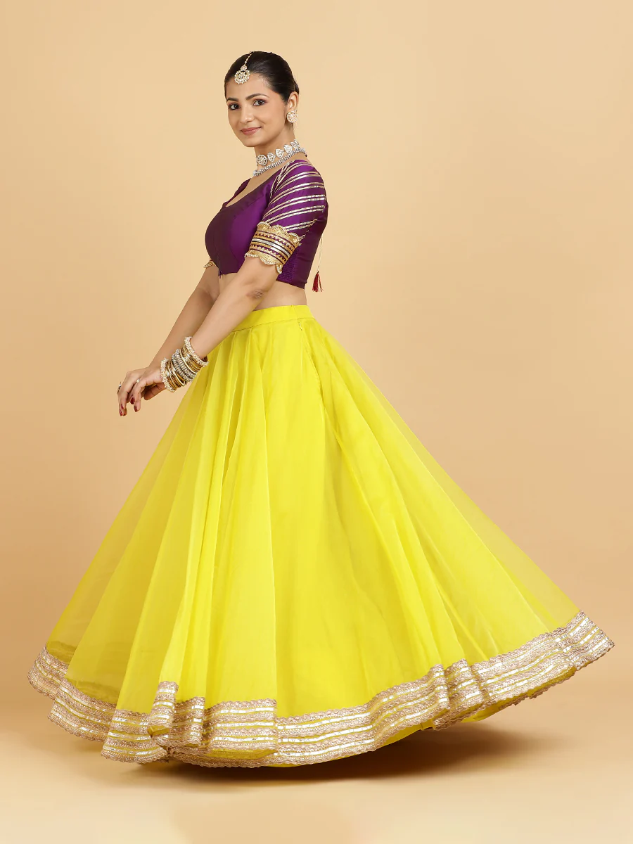 Farah Anisha 4-Pc Lehenga Set x Tyohaar | Lemon Yellow Lehenga, Purple Blouse with Falak Purple Dupatta and Cancan Skirt - Image 5