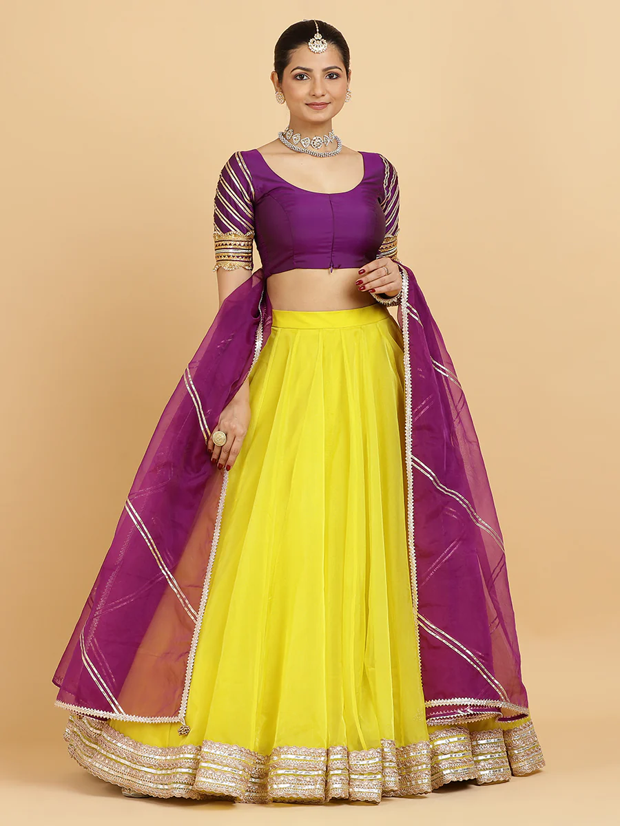 Farah Anisha 4-Pc Lehenga Set x Tyohaar | Lemon Yellow Lehenga, Purple Blouse with Falak Purple Dupatta and Cancan Skirt - Image 6