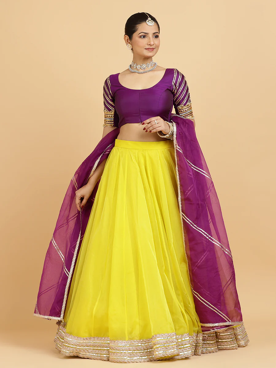 Farah Anisha 4-Pc Lehenga Set x Tyohaar | Lemon Yellow Lehenga, Purple Blouse with Falak Purple Dupatta and Cancan Skirt - Image 7