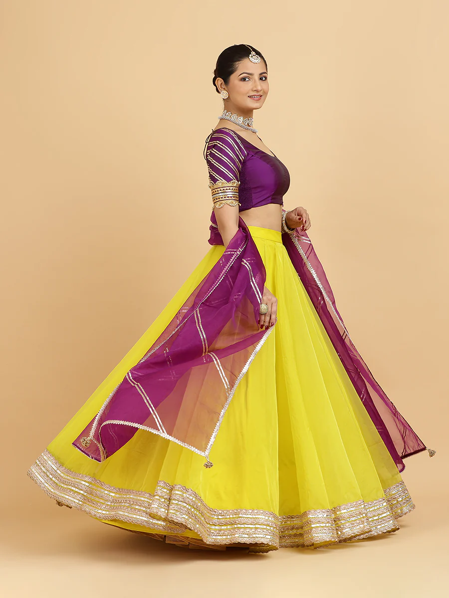 Farah Anisha 4-Pc Lehenga Set x Tyohaar | Lemon Yellow Lehenga, Purple Blouse with Falak Purple Dupatta and Cancan Skirt - Image 9