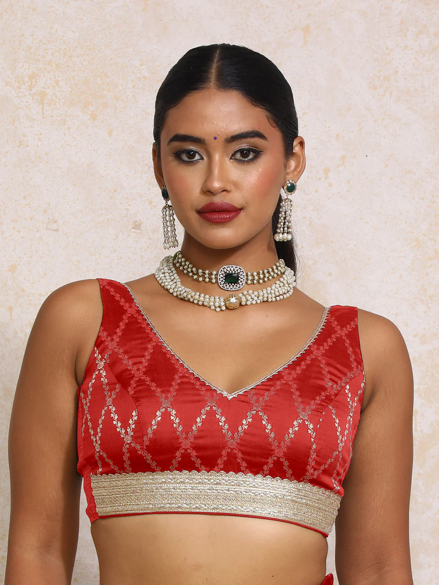 Liyana x Tyohaar | Sleeveless Berry Red Vine Mesh Brocade Saree Blouse - Image 7
