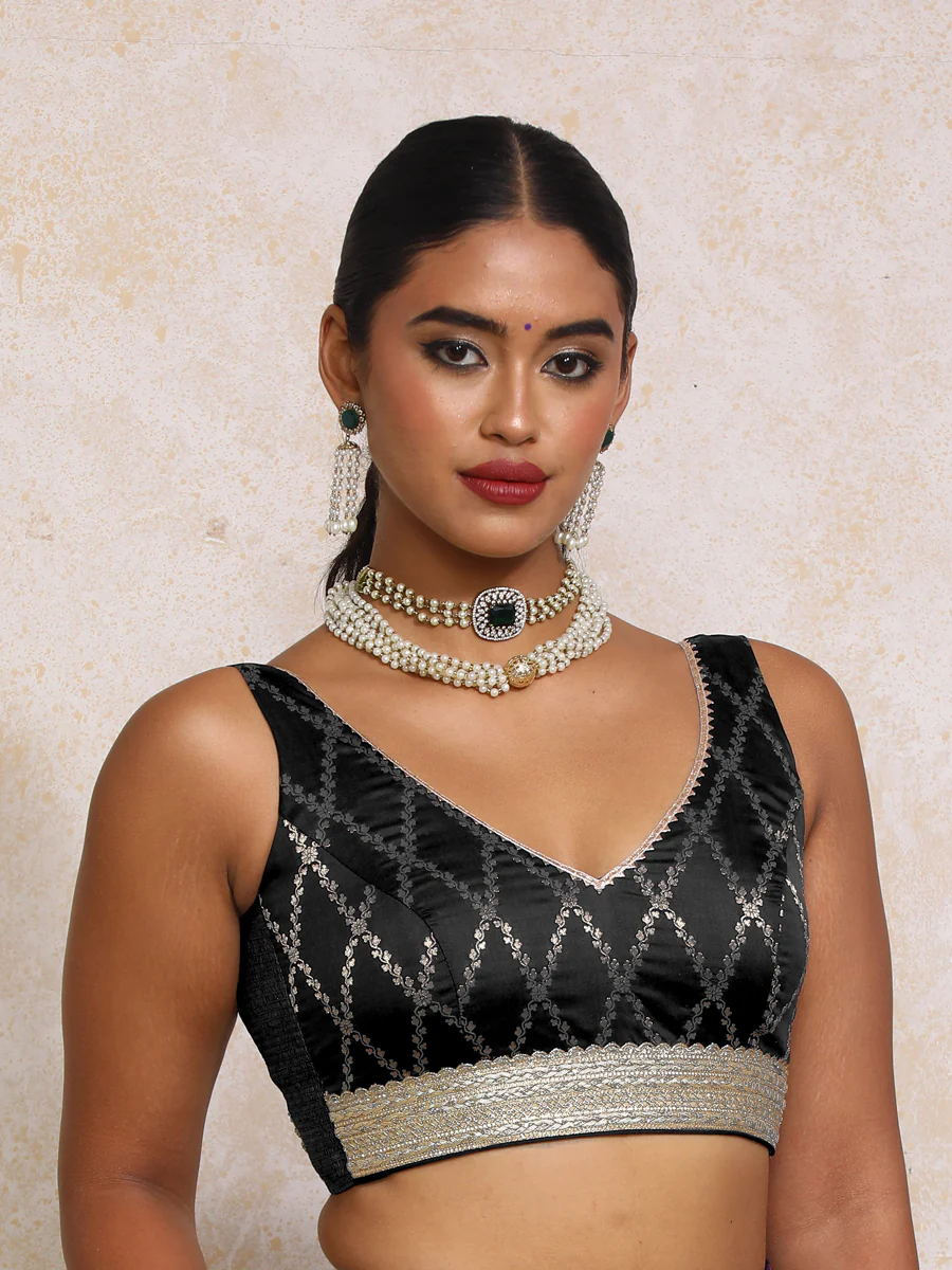 Liyana x Tyohaar | Sleeveless Cosmic Black Vine Mesh Brocade Saree Blouse - Image 5