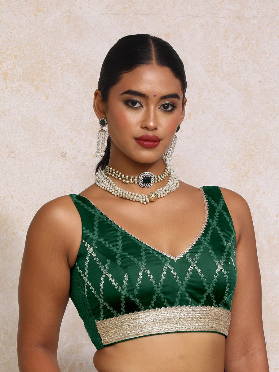 Liyana x Tyohaar | Sleeveless Dark Green Vine Mesh Brocade Saree Blouse - Image 6