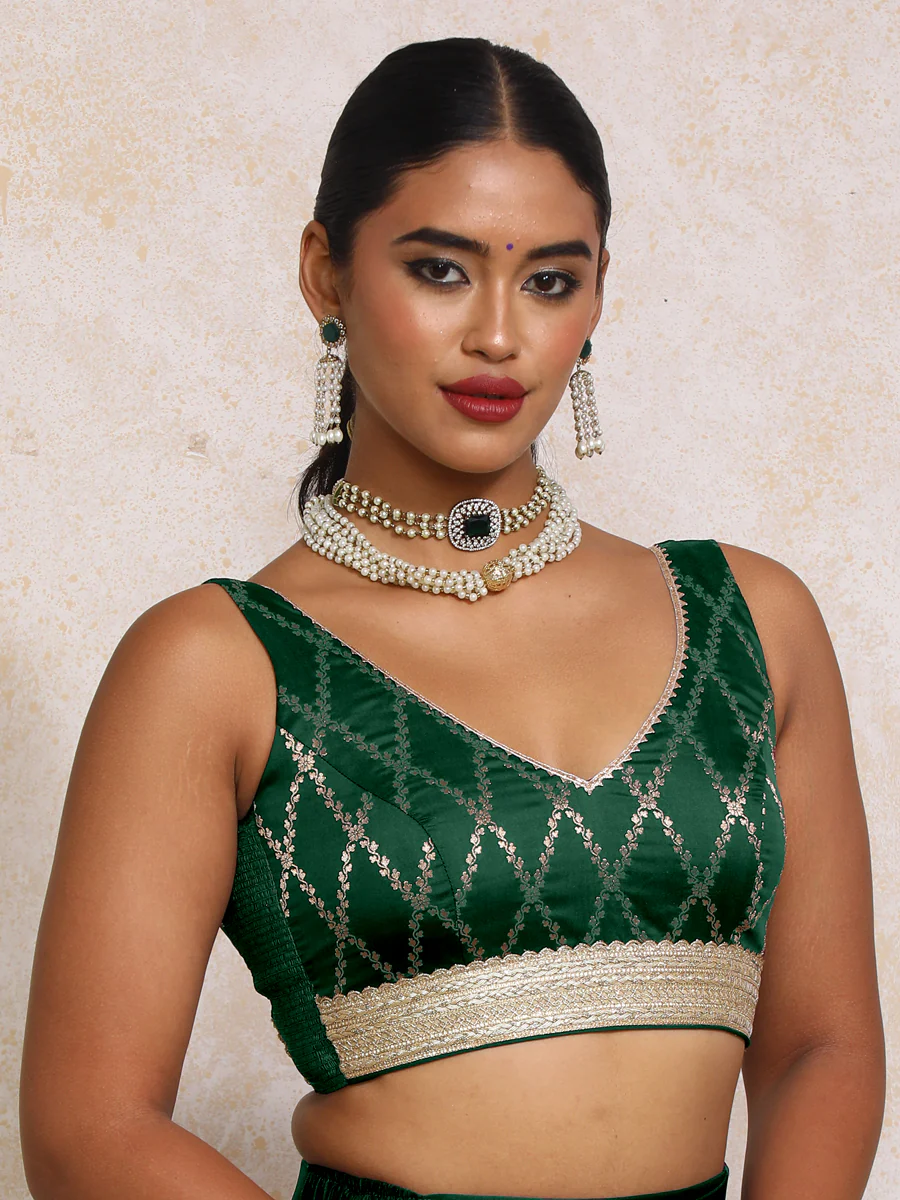Liyana x Tyohaar | Sleeveless Dark Green Vine Mesh Brocade Saree Blouse - Image 7