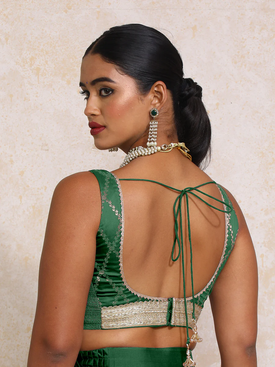 Liyana x Tyohaar | Sleeveless Emerald Green Vine Mesh Brocade Saree Blouse - Image 2