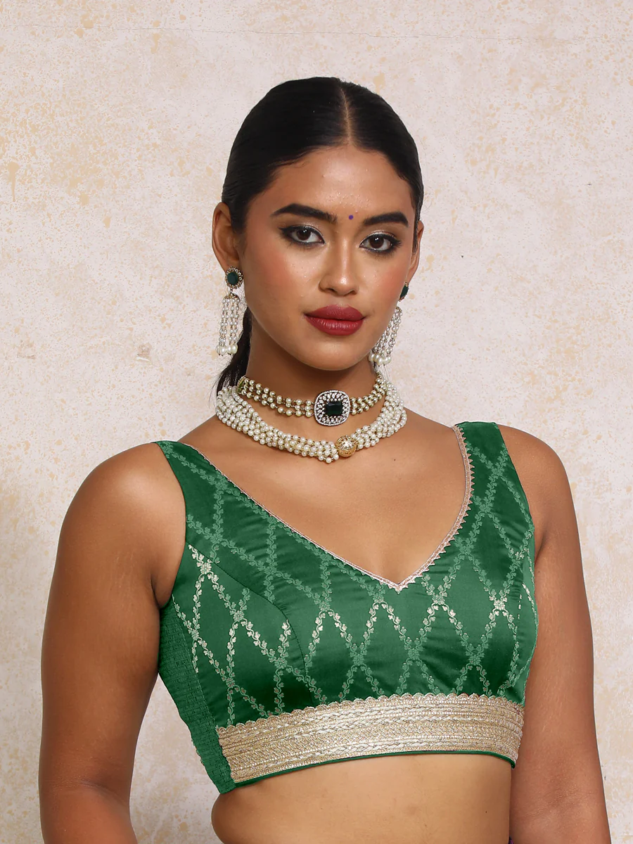 Liyana x Tyohaar | Sleeveless Emerald Green Vine Mesh Brocade Saree Blouse - Image 5