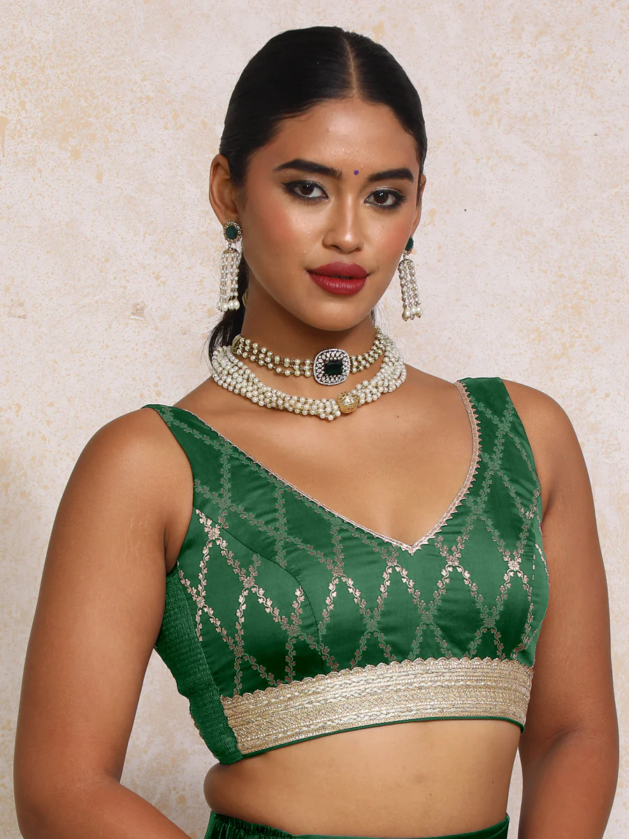 Liyana x Tyohaar | Sleeveless Emerald Green Vine Mesh Brocade Saree Blouse - Image 6