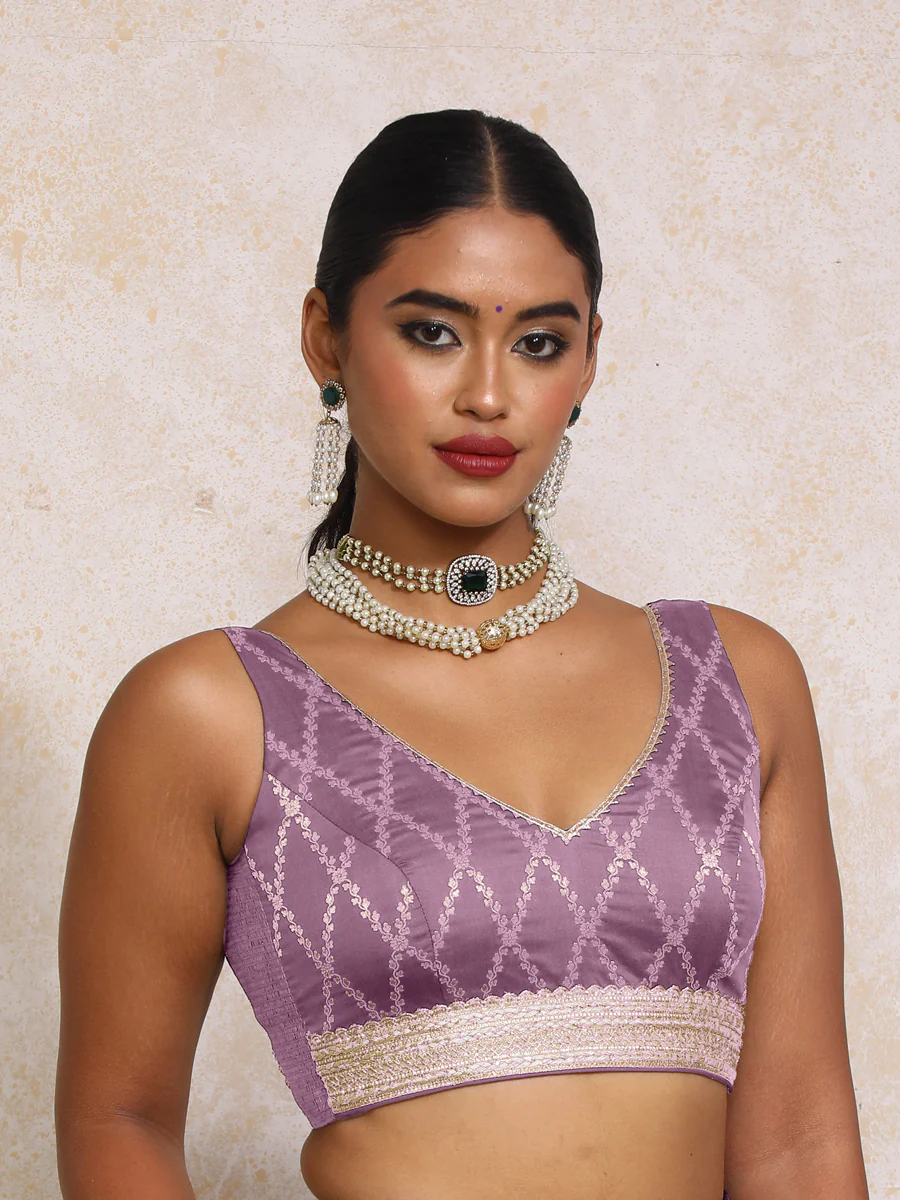 Liyana x Tyohaar | Sleeveless Moonlit Lavender Vine Mesh Brocade Saree Blouse - Image 6