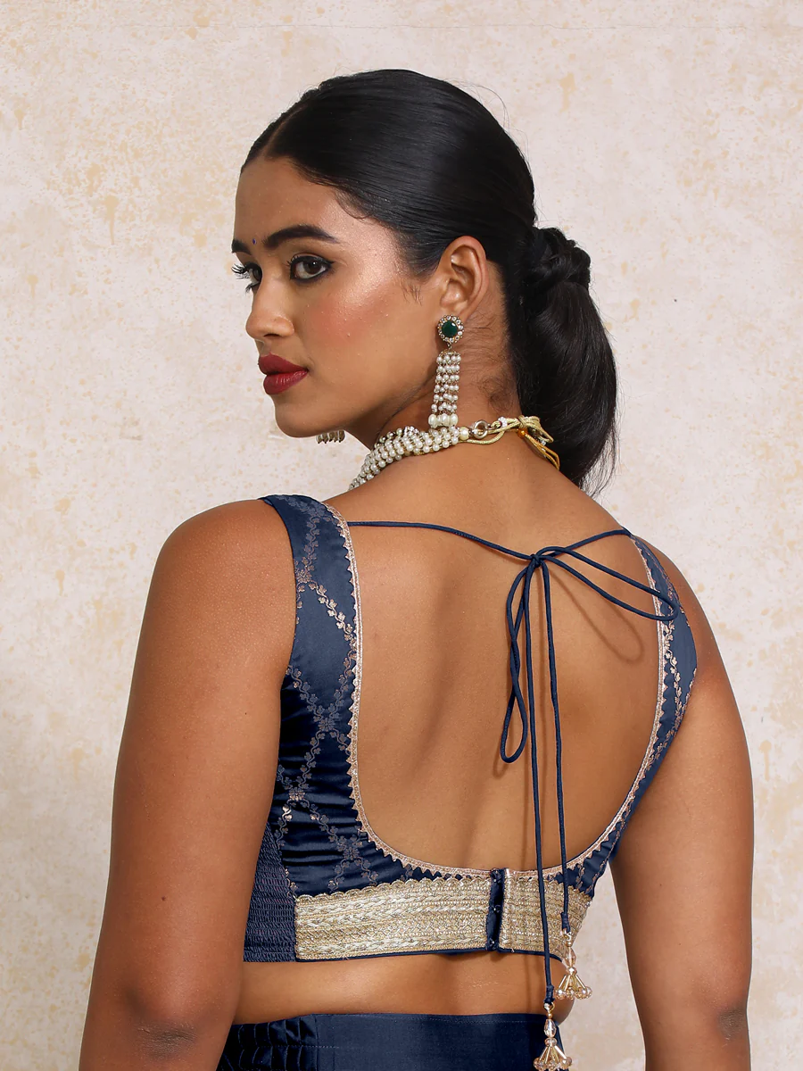 Liyana x Tyohaar | Sleeveless Royal Navy Vine Mesh Brocade Saree Blouse - Image 2