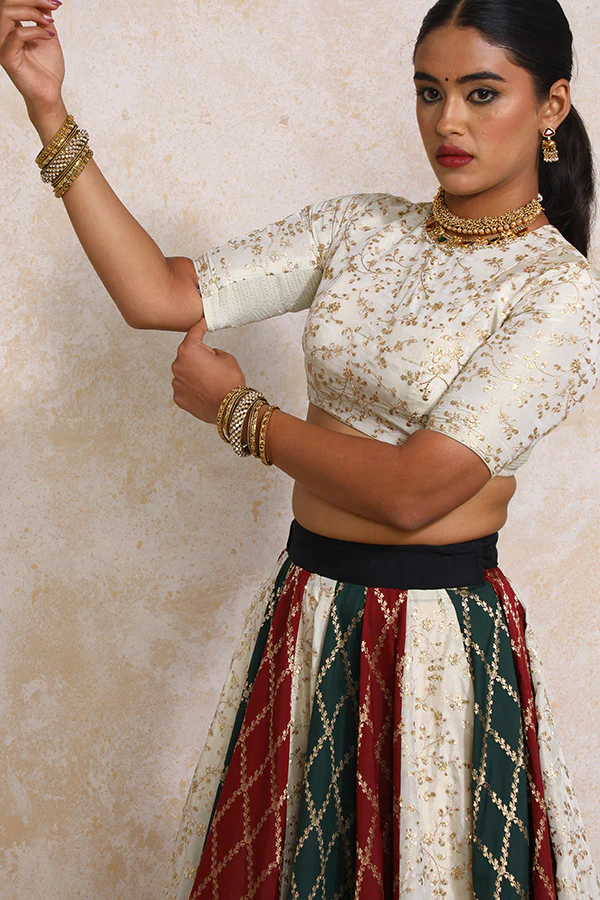 Mahima x Tyohaar | Maroon & Black Vine Mesh Brocade FlareFit™ Lehenga Set with Dupatta - Image 6