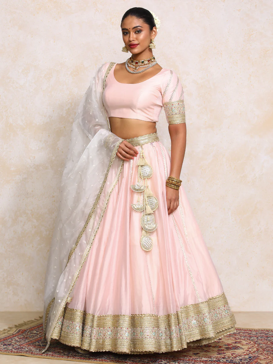Mahira x Tyohaar | Baby Pink Plain Chandheri FlareFit™ Lehenga Set with Dupatta - Image 15