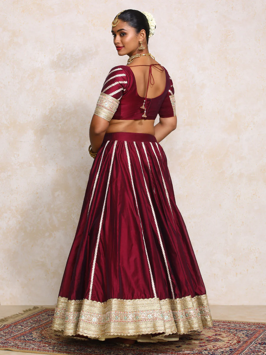 Mahira x Tyohaar | Burgundy Plain Chandheri Lehenga Set with Dupatta - Image 13