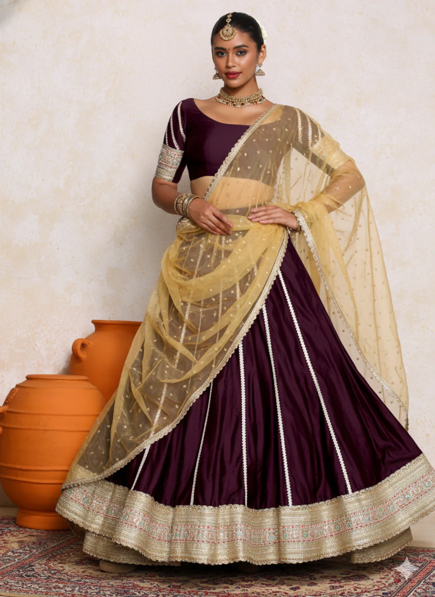 Mahira x Tyohaar | Deep Purple Plain Chandheri FlareFit™ Lehenga Set with Dupatta - Image 12
