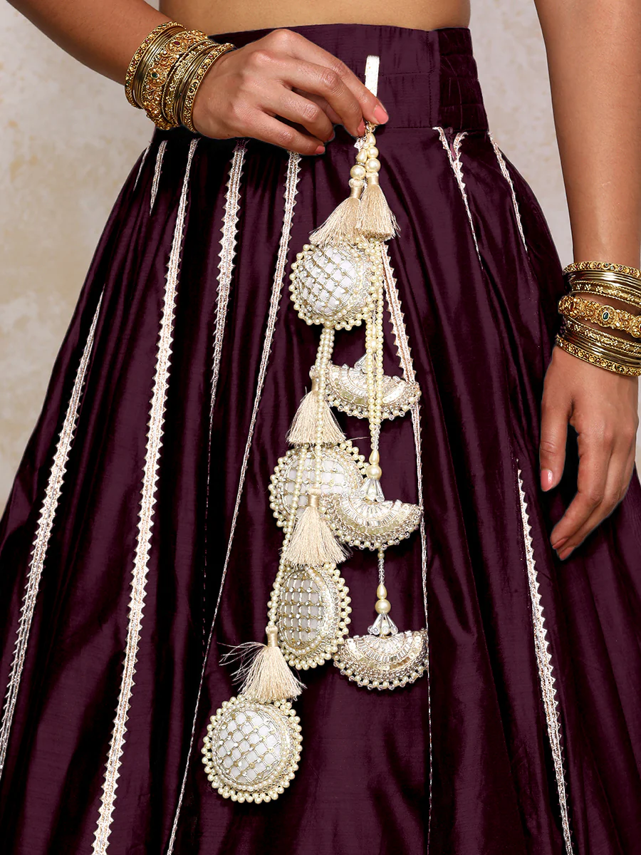 Mahira x Tyohaar | Deep Purple Plain Chandheri FlareFit™ Lehenga Set with Dupatta - Image 3