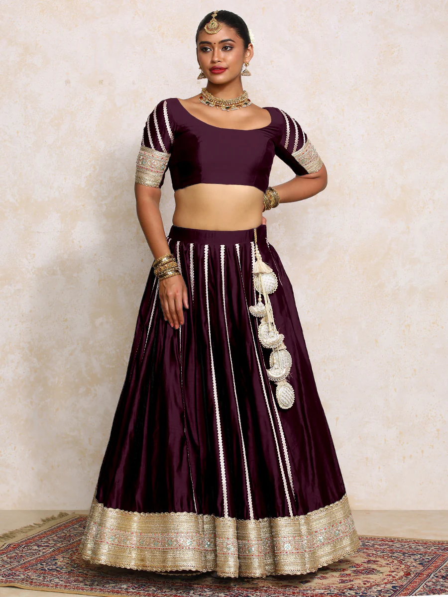 Mahira x Tyohaar | Deep Purple Plain Chandheri FlareFit™ Lehenga Set with Dupatta - Image 7