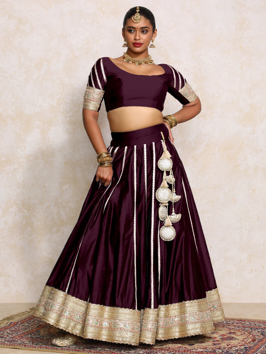 Mahira x Tyohaar | Deep Purple Plain Chandheri FlareFit™ Lehenga Set with Dupatta - Image 9