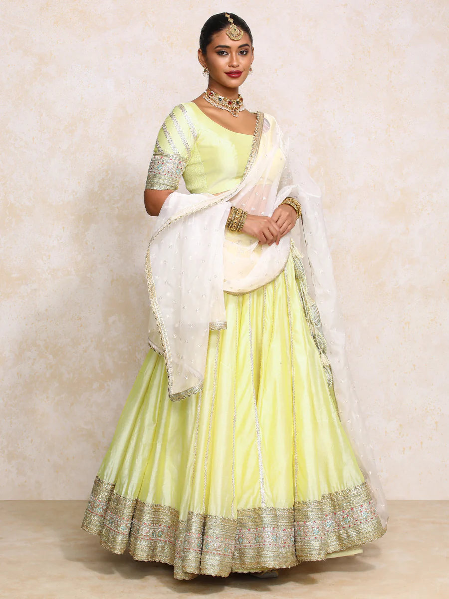 Mahira x Tyohaar | Lemon Yellow Plain Chandheri FlareFit™ Lehenga Set with Dupatta - Image 15