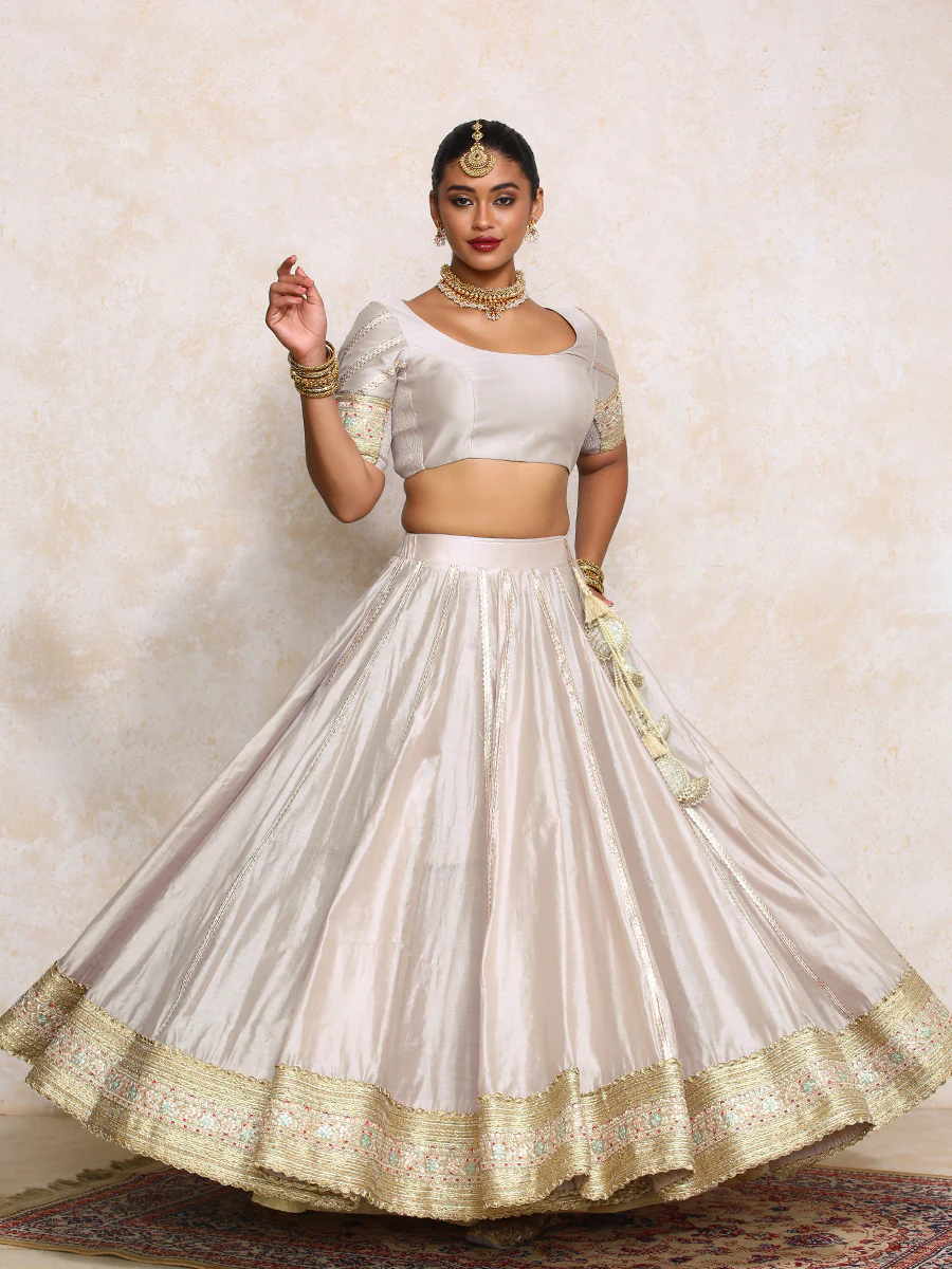 Mahira x Tyohaar | Oyster Grey Plain Chandheri FlareFit™ Lehenga Set with Dupatta - Image 11