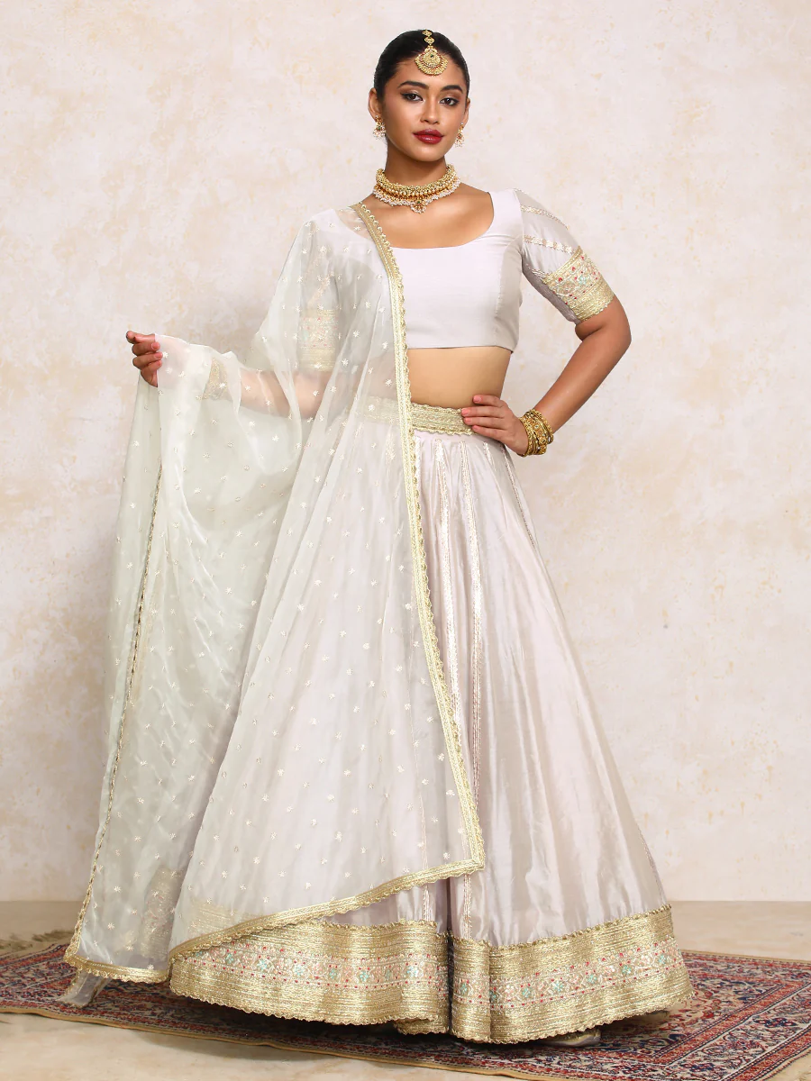 Mahira x Tyohaar | Oyster Grey Plain Chandheri FlareFit™ Lehenga Set with Dupatta - Image 12