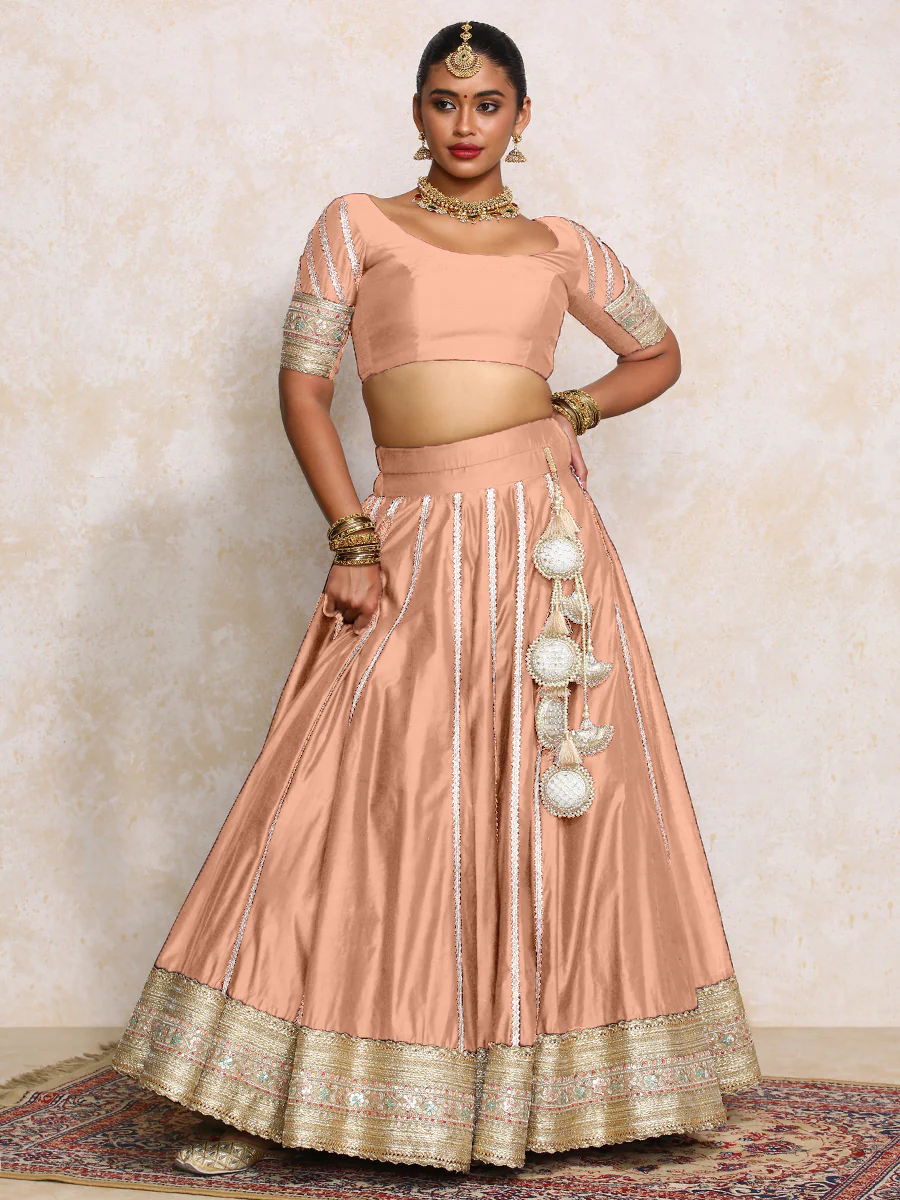 Mahira x Tyohaar | Peach Plain Chandheri FlareFit™ Lehenga Set with Dupatta - Image 10