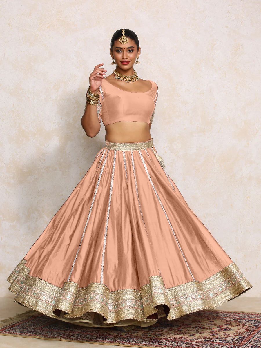 Mahira x Tyohaar | Peach Plain Chandheri FlareFit™ Lehenga Set with Dupatta - Image 11