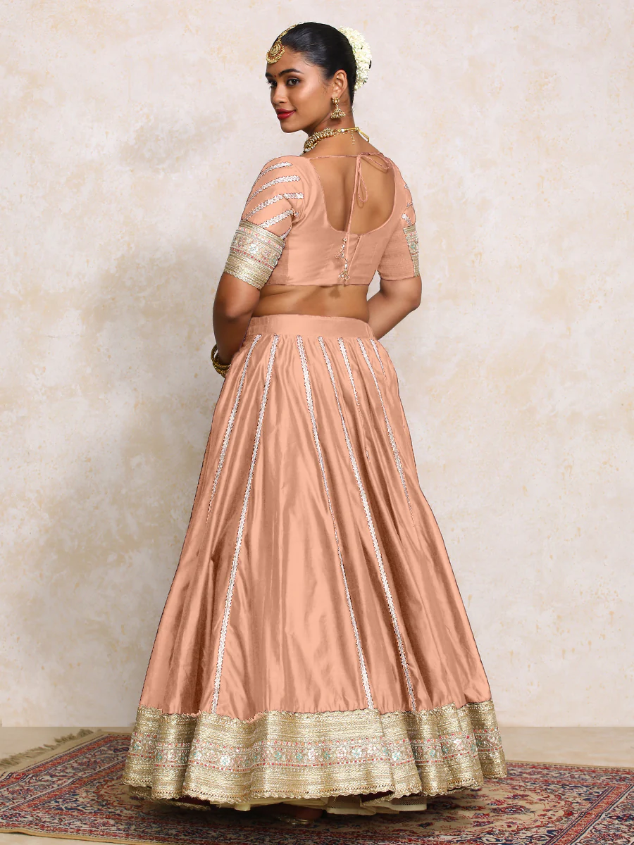 Mahira x Tyohaar | Peach Plain Chandheri FlareFit™ Lehenga Set with Dupatta - Image 2