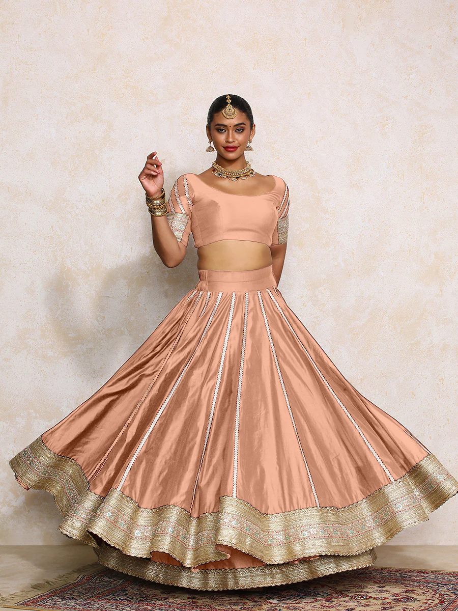 Mahira x Tyohaar | Peach Plain Chandheri FlareFit™ Lehenga Set with Dupatta - Image 9