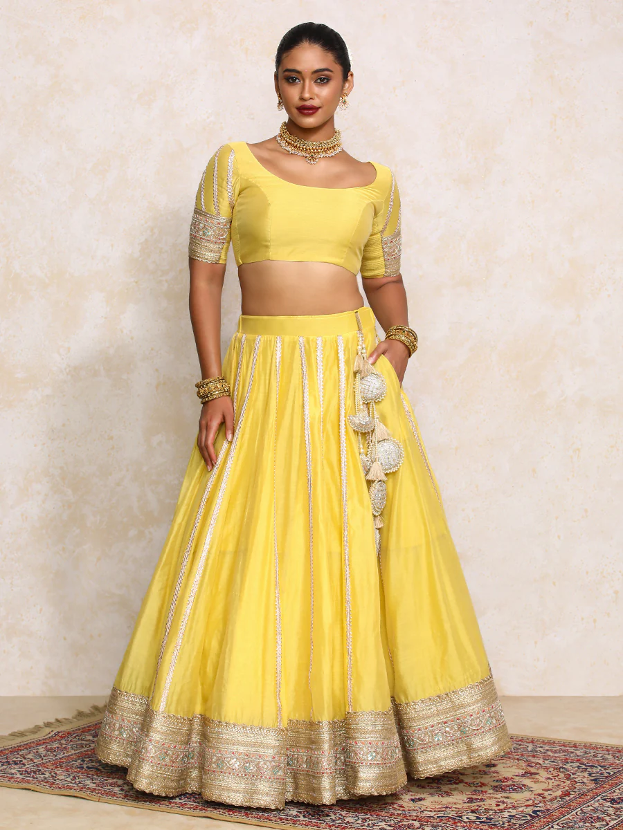 Mahira x Tyohaar | Sunny Yellow Plain Chandheri FlareFit™ Lehenga Set with Dupatta - Image 16