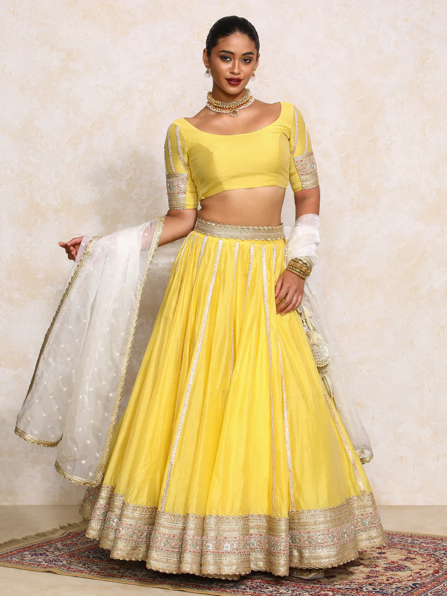 Mahira x Tyohaar | Sunny Yellow Plain Chandheri FlareFit™ Lehenga Set with Dupatta - Image 22